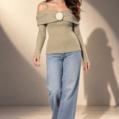 Embellished Off-Shoulder Ribbed Knit Top