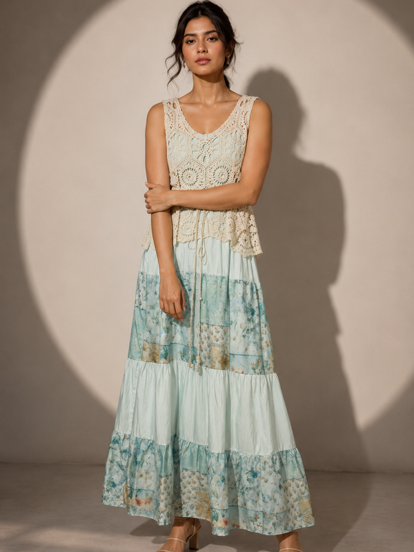 Crochet Panel Tiered Maxi Dress