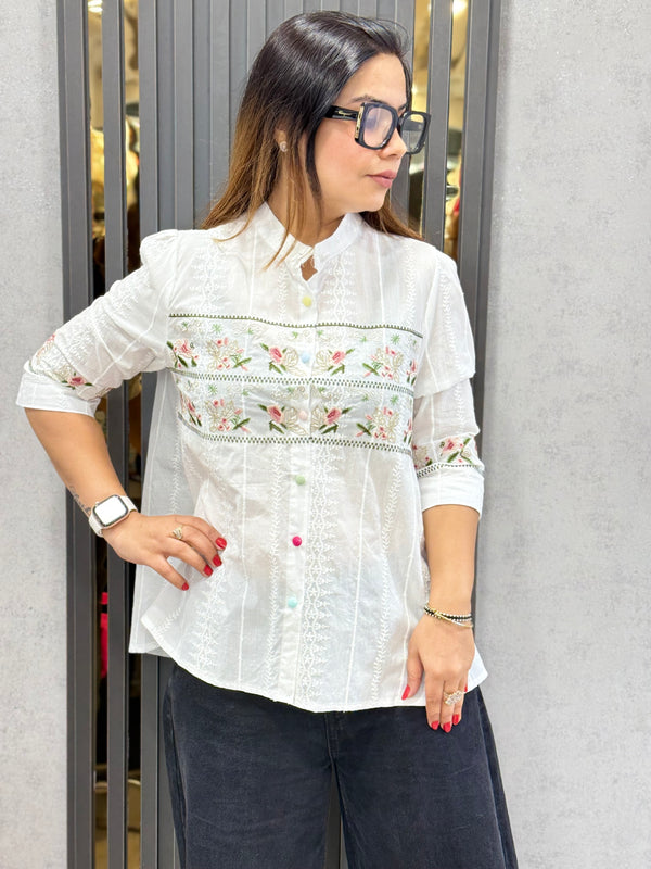 Embroidered Sheer Panel Shirt