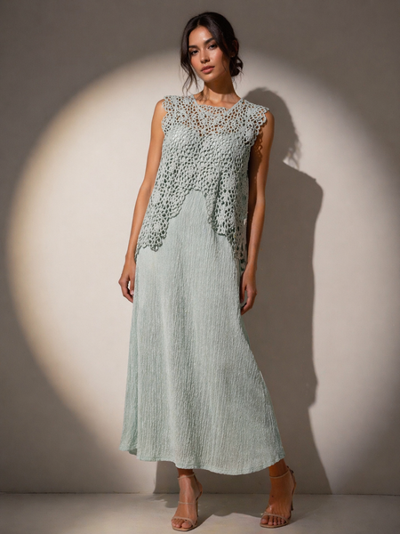 Textured Crochet Overlay Midi Dress