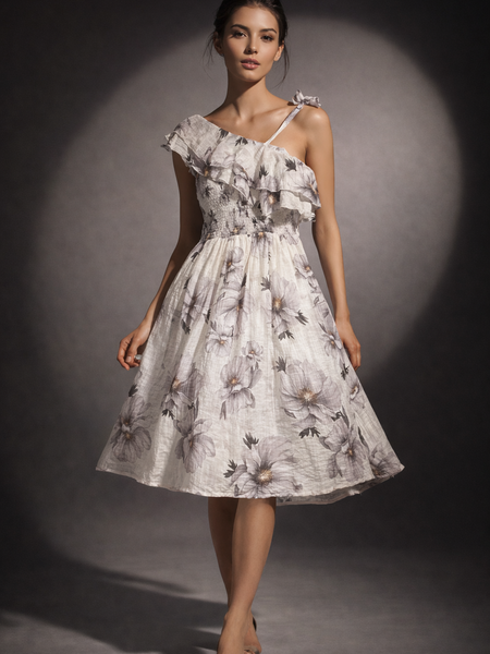 Asymmetric Ruffle Floral Midi Dress