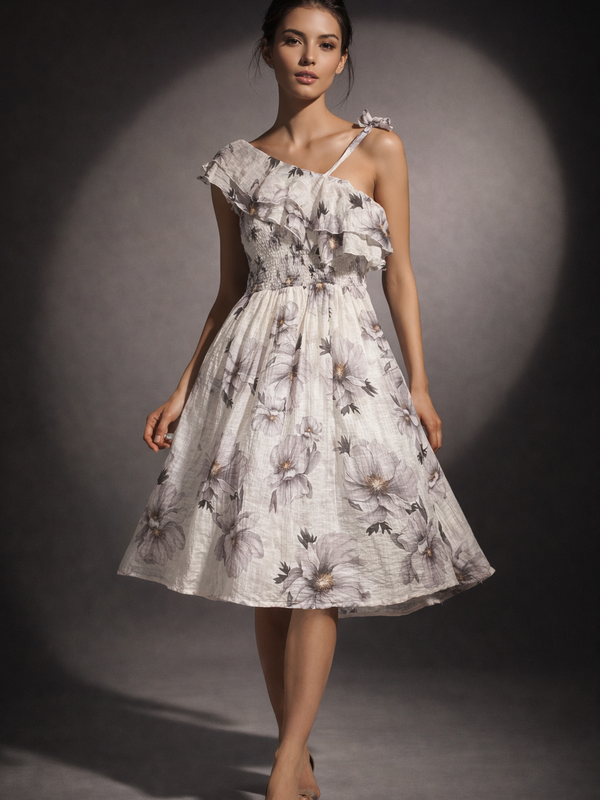 Asymmetric Ruffle Floral Midi Dress