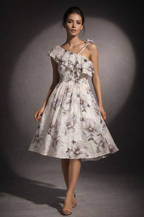 Asymmetric Ruffle Floral Midi Dress