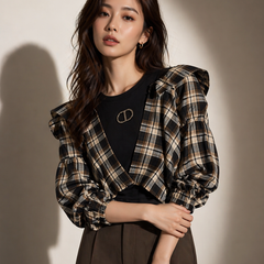 Structured Check Panel Top with Voluminous Sleeves