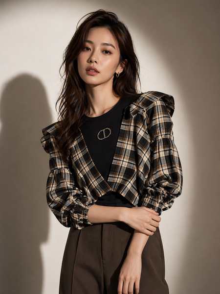 Structured Check Panel Top with Voluminous Sleeves