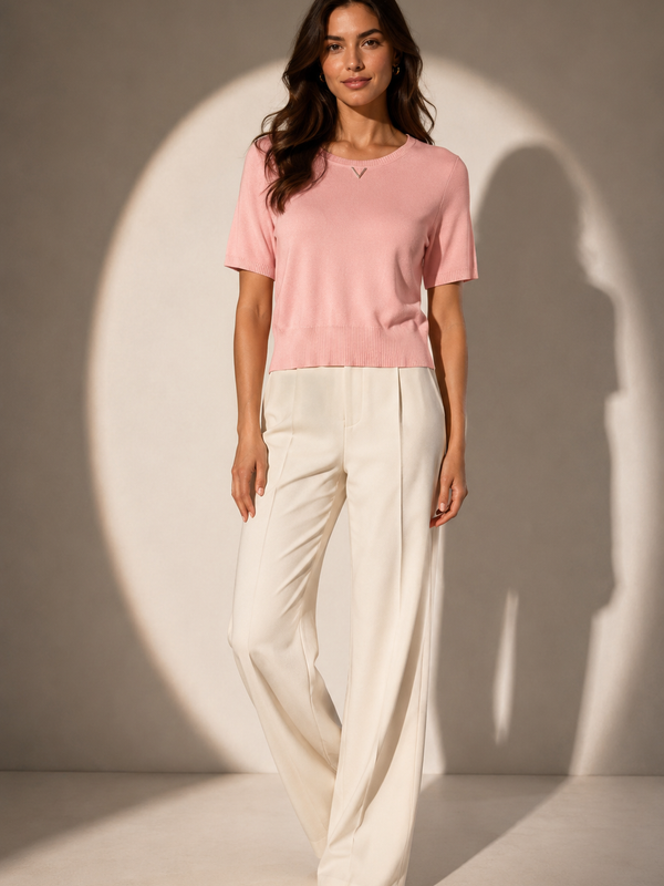 Fine Knit T-Shirt with Metallic Neck Detail