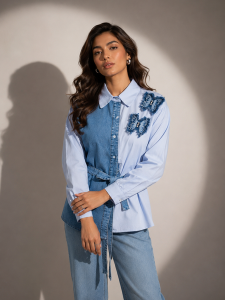 Contrast Panel Belted Shirt