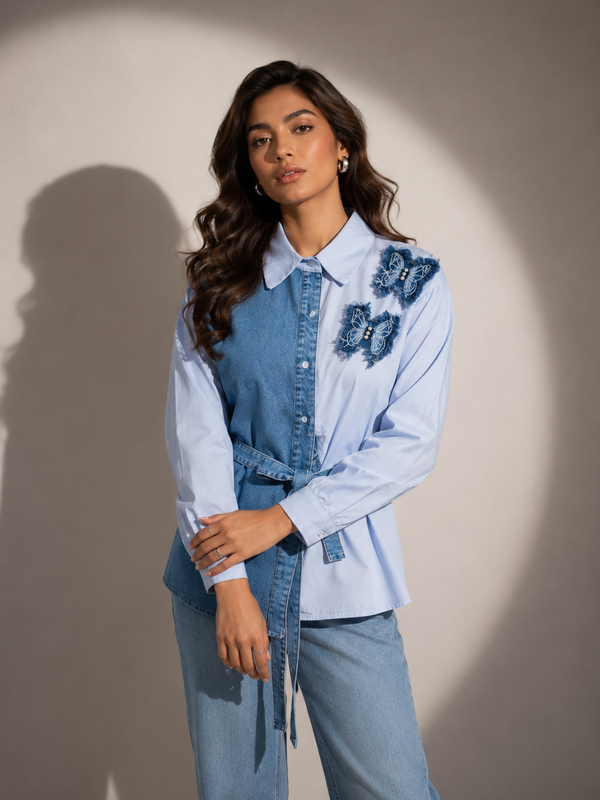 Contrast Panel Belted Shirt