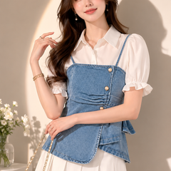 Layered Denim Corset Top with Shirt