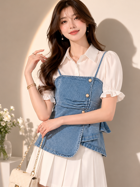 Layered Denim Corset Top with Shirt