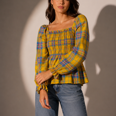 Smocked Check Peplum Top