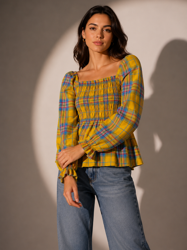 Smocked Check Peplum Top