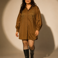 Embroidered Belted Shirt Dress