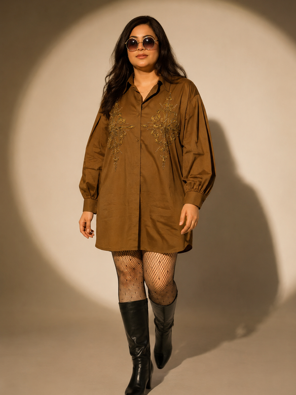 Embroidered Belted Shirt Dress
