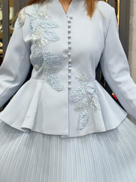 Embellished Structured Peplum Jacket with Pleated Skirt