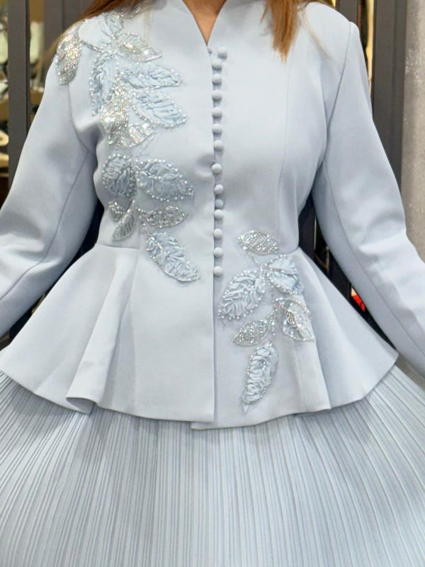 Embellished Structured Peplum Jacket with Pleated Skirt