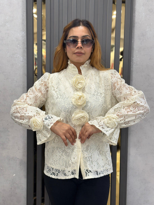 Textured Floral Appliqué High-Neck Shirt