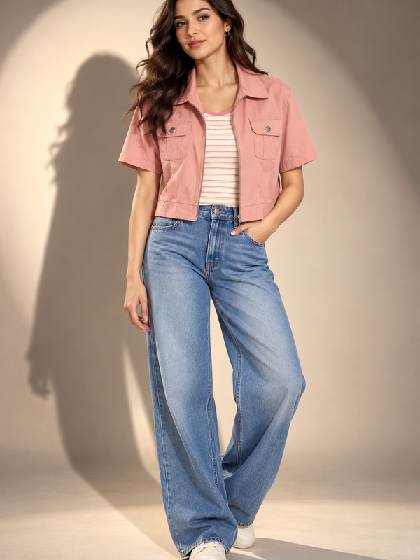 Cropped Utility Jacket with Wide-Leg Jeans