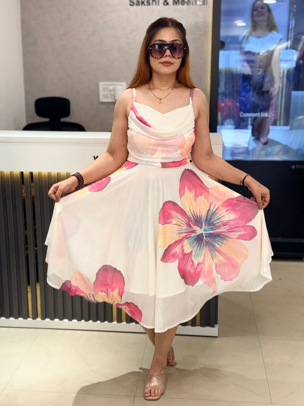 Printed Flowing Midi Dress with Draped Neckline