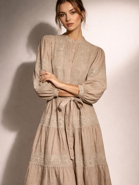 Tiered Embroidered Button-Front Maxi Dress