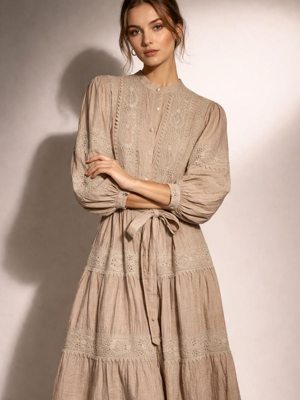 Tiered Embroidered Button-Front Maxi Dress