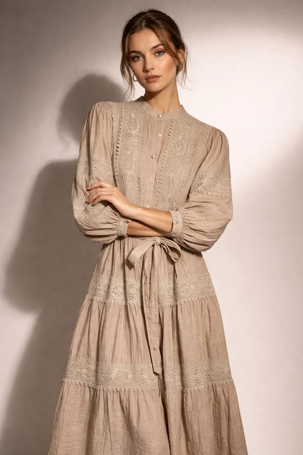 Tiered Embroidered Button-Front Maxi Dress