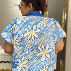 Floral Print Cropped Shirt with Contrast Collar