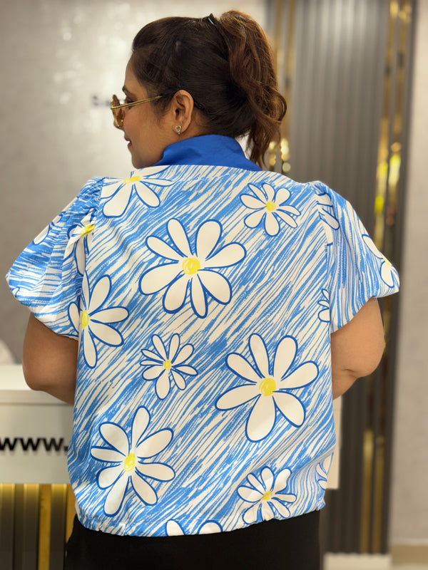Floral Print Cropped Shirt with Contrast Collar