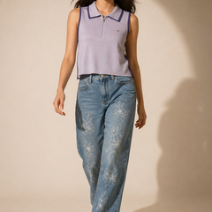 Sleeveless Knit Polo Top with Zip Detail