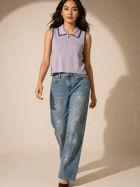 Sleeveless Knit Polo Top with Zip Detail