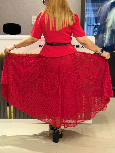 Structured Short-Sleeve Jacket with Lace Midi Skirt