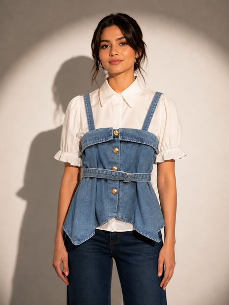 Layered Denim Corset Top with Shirt