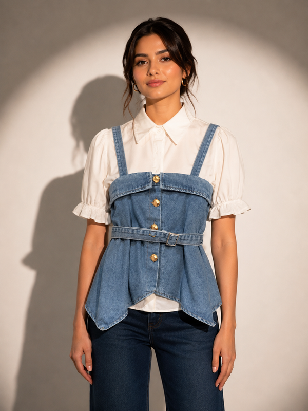 Layered Denim Corset Top with Shirt