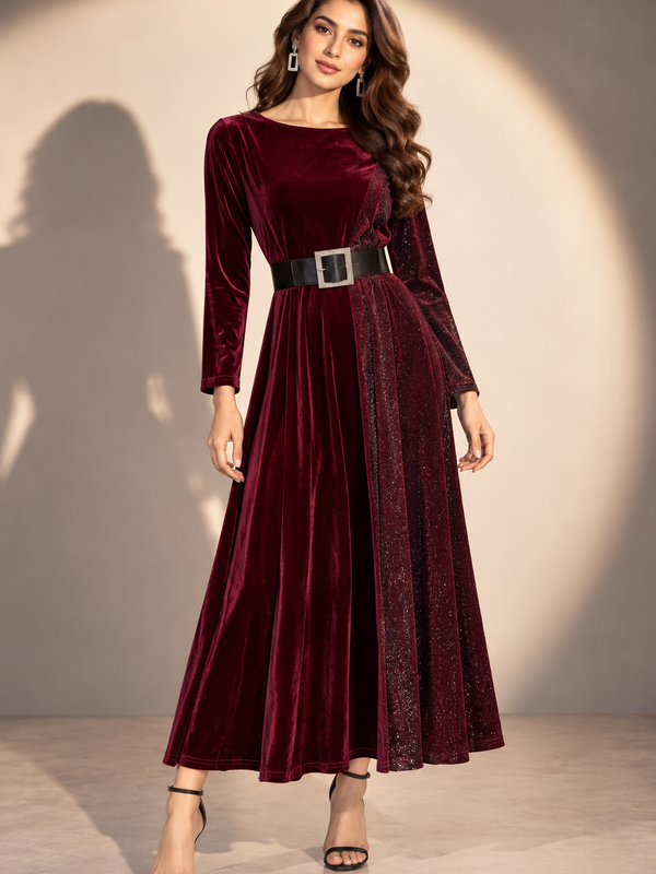 Velvet Shimmer Panel Midi Dress