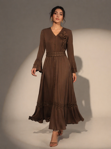 Fluid Midi Dress with Textured Waist Detai