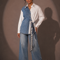 Contrast Panel Denim Shirt with Waist Tie