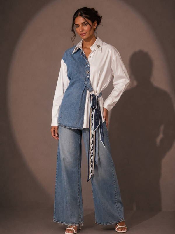 Contrast Panel Denim Shirt with Waist Tie