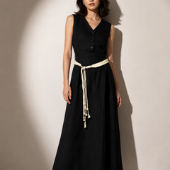 Rope-Belt Midi Dress with Button Detail