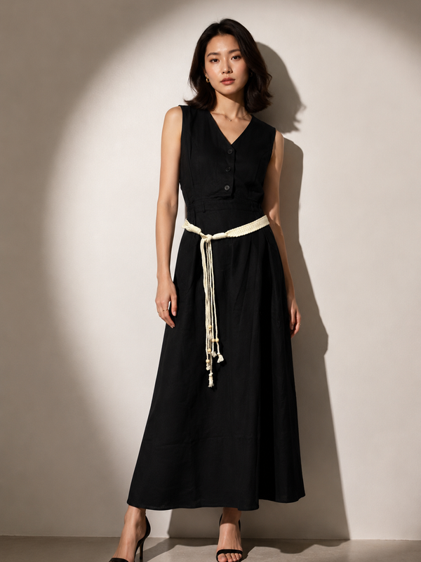 Rope-Belt Midi Dress with Button Detail