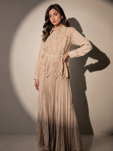 Lace-Detail Pleated Maxi Dress
