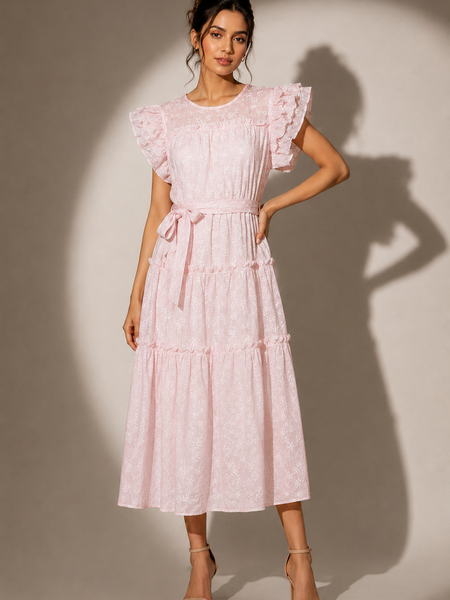 Ruffled Sleeve Tiered Midi Dress