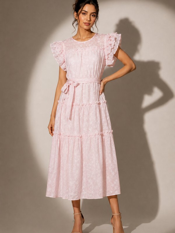 Ruffled Sleeve Tiered Midi Dress