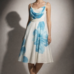 Printed Flowing Midi Dress with Draped Neckline