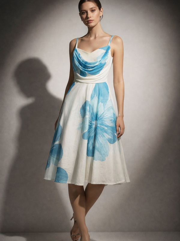 Printed Flowing Midi Dress with Draped Neckline