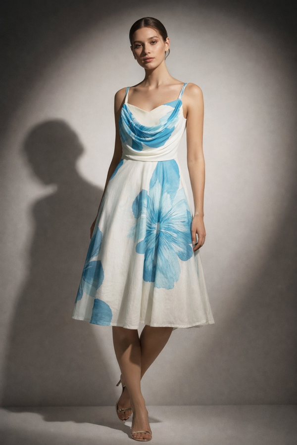Printed Flowing Midi Dress with Draped Neckline