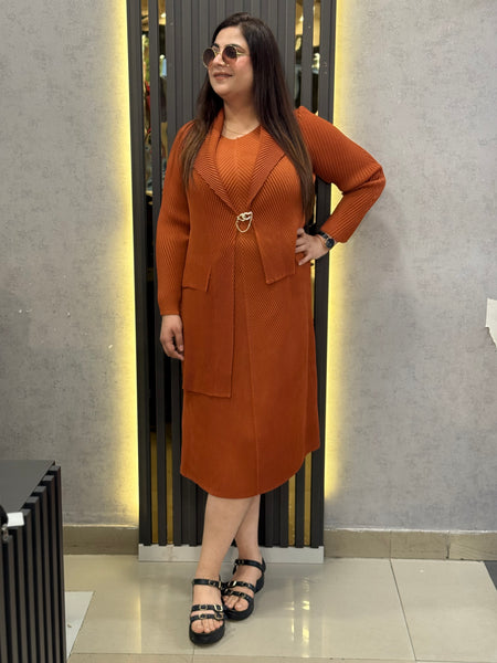 Textured Knit Midi Dress with Coordinated Open-Front Jacket