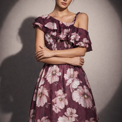 Asymmetric Ruffle Floral Midi Dress