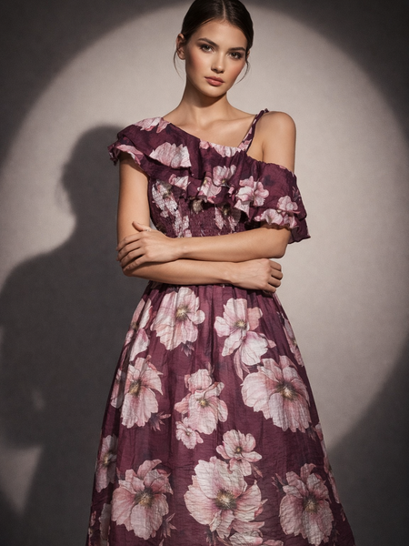 Asymmetric Ruffle Floral Midi Dress