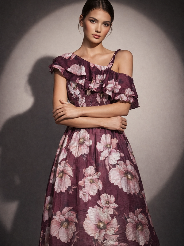 Asymmetric Ruffle Floral Midi Dress