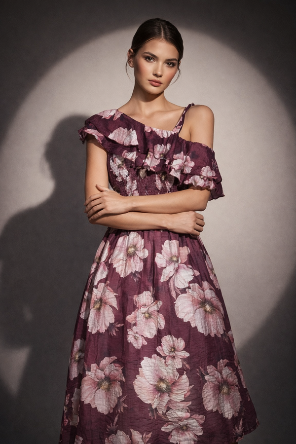 Asymmetric Ruffle Floral Midi Dress
